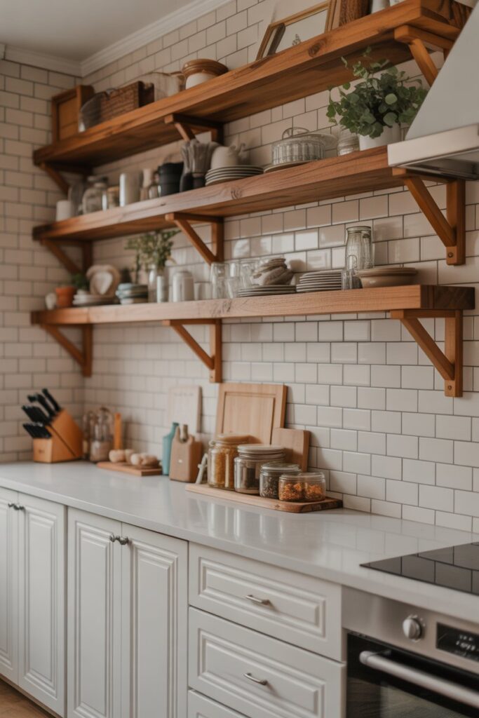 25+ Modern Farmhouse Kitchen Ideas to Inspire Your Dream Space 3 Open Shelving with Rustic Wood