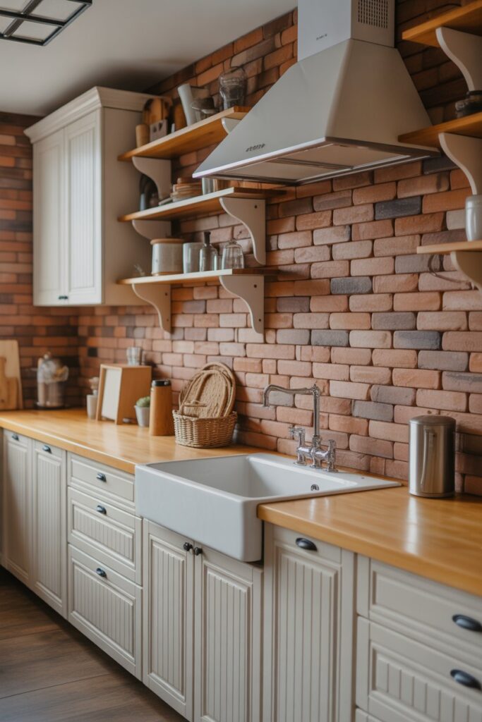 30+ Farmhouse Kitchen Ideas for a Warm, Timeless Home 4 Brick or Stone Backsplash