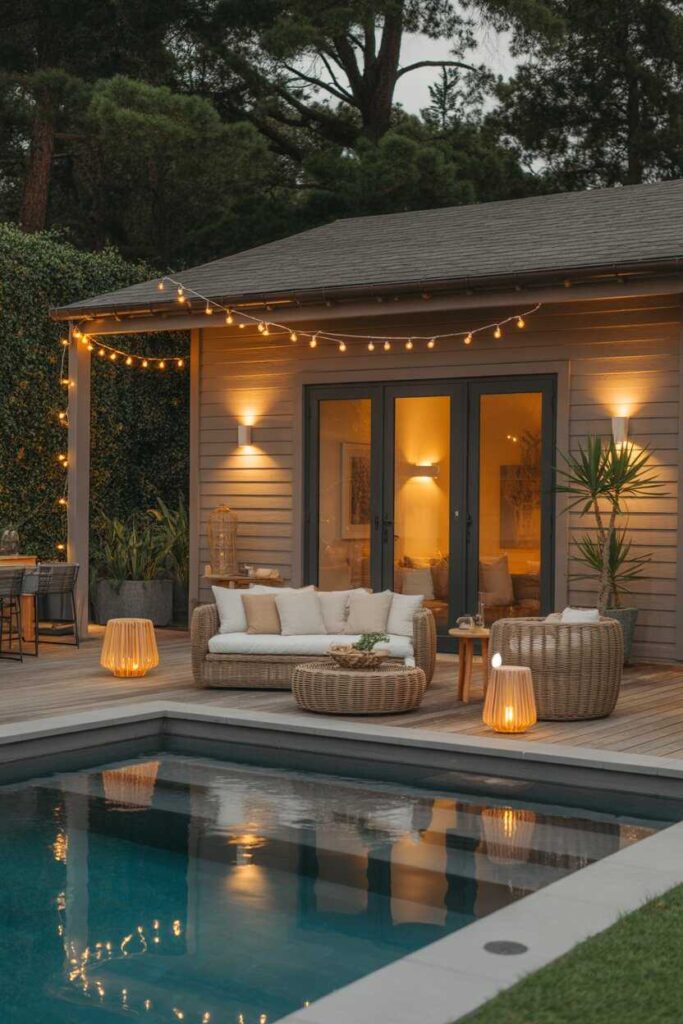 Modern & Unique Backyard Pool House Ideas: Stunning Inspiration for a Stylish Outdoor Escape 6 Using Lighting to Create a Warm, Inviting Atmosphere