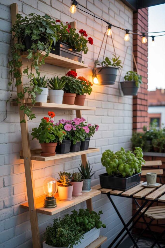30+ Small Garden Ideas for a Stunning, Budget-Friendly Outdoor Makeover 6 Add a Garden Shelf for Compact, Stylish Display