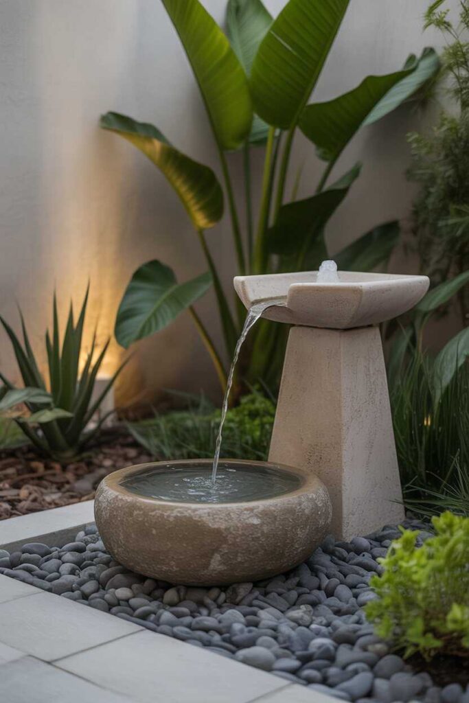 35+ Modern & Budget-Friendly Backyard Ideas to Transform Your Outdoor Space Into a Stunning Retreat 4 Add a Small Fountain for Gentle Sound