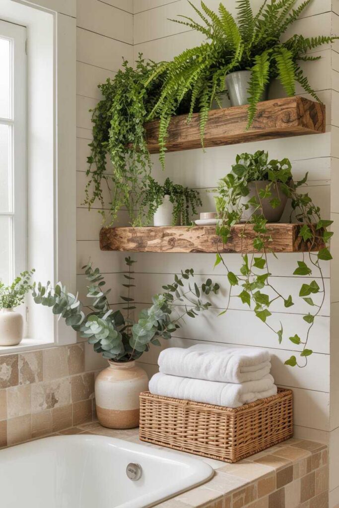 Farmhouse Bathroom Cozy, Rustic & Timeless Décor Ideas 7 Add Greenery & Natural Textures