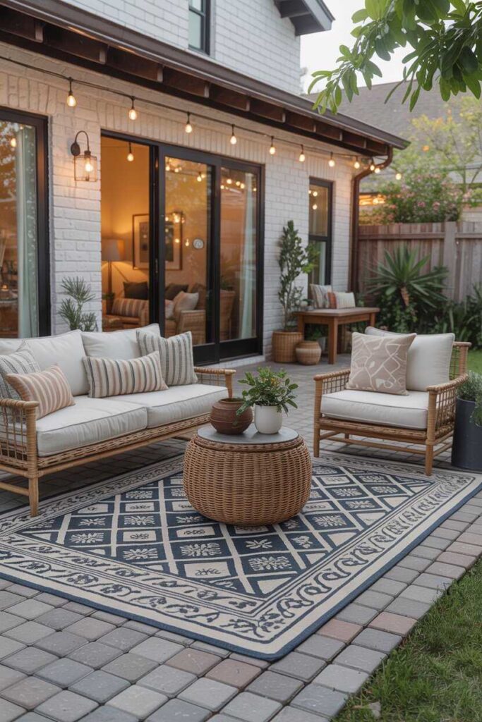 30+ Stunning Paver Patio Ideas for a Modern, Budget-Friendly Outdoor Makeover 6 Add Outdoor Rugs to Make Your Paver Patio Feel Like an Extension of Your Home