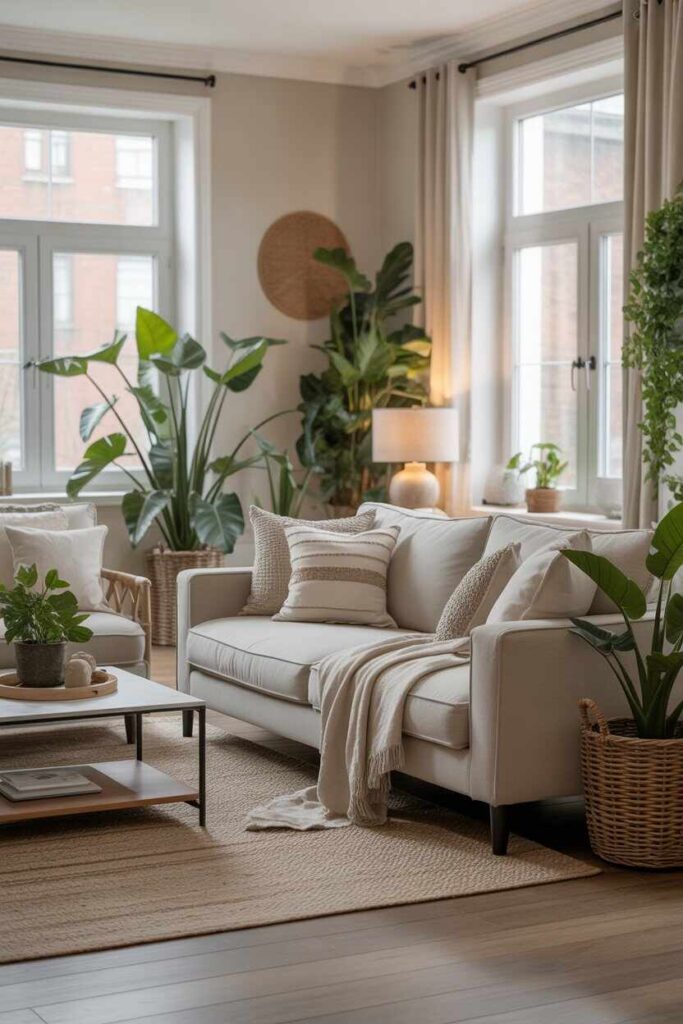 31 Neutral Living Room Ideas Modern, Cozy, and Budget-Friendly Inspiration for a Calm & Stylish Home 4 Add Plants for Freshness and Balance
