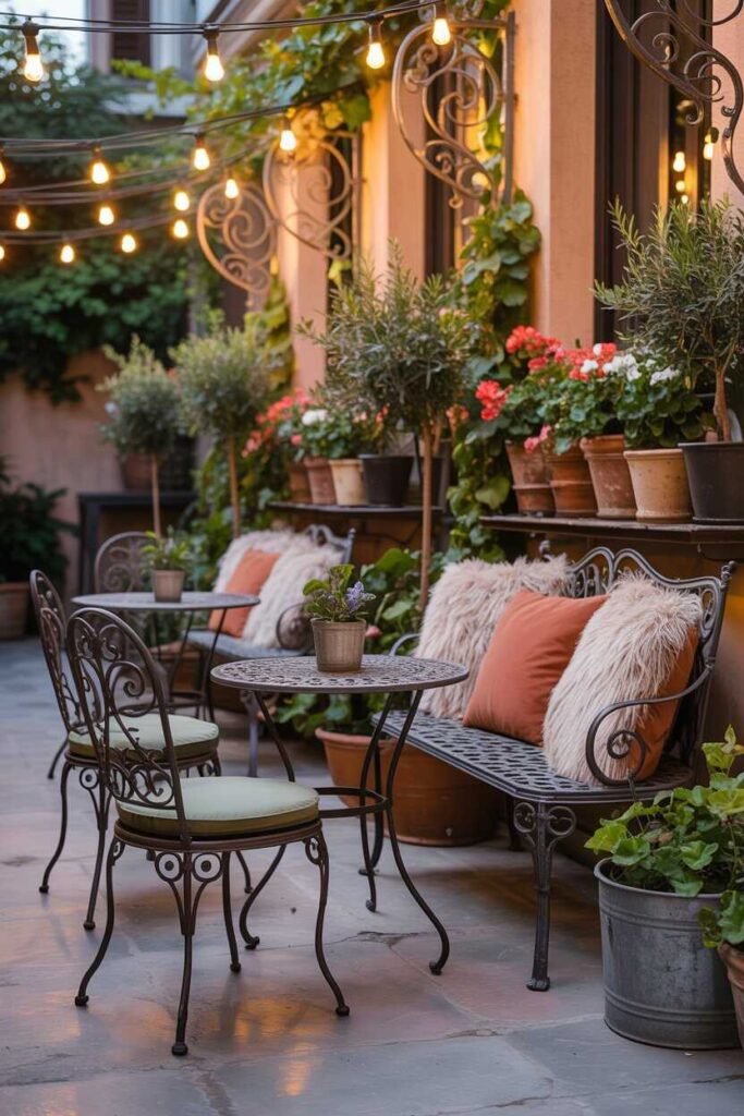 35+ Patio Furniture Ideas to Transform Your Outdoor Space Modern, Budget-Friendly & Aesthetic Inspiration 6 Add Rustic Metal Furniture for a Vintage Look