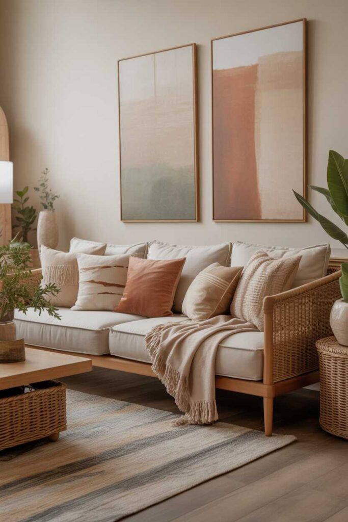 31 Neutral Living Room Ideas Modern, Cozy, and Budget-Friendly Inspiration for a Calm & Stylish Home 5 Add Wall Art With Soft, Earthy Tones