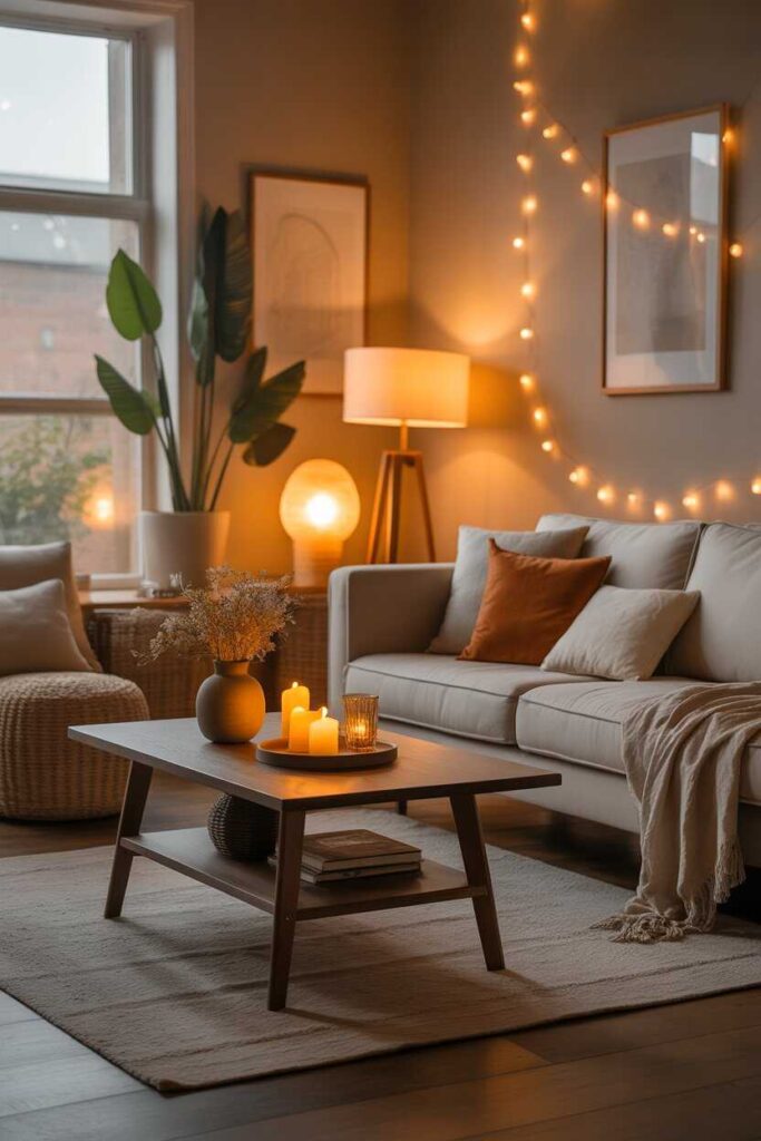 26Aesthetic Living Room Ideas Modern, Budget-Friendly Inspiration for a Stylish and Cozy Home 2 Add Warm Lighting for a Cozy Atmosphere