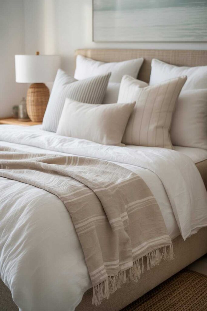 25+ Modern Coastal Bedroom Ideas for a Calm, Breezy, and Beautiful Home Retreat 5 Bedding Ideas for a Modern Coastal Bedroom