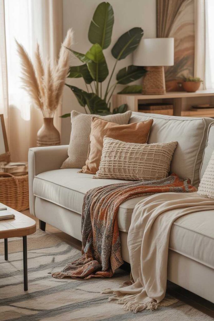 27 Boho Living Room Ideas Creative, Budget-Friendly Inspiration for a Modern Cozy Home 5 Bring in Cozy Throws and Layered Fabrics