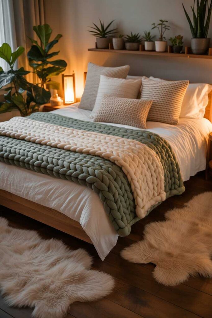 25+ Cozy Bedroom Ideas Aesthetic You’ll Love Unique, Modern & Budget-Friendly Inspiration 3 Chunky Knit Blankets for Texture