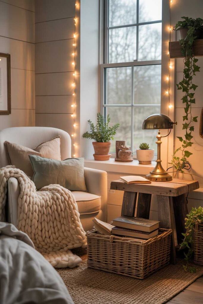 25+ Cozy Farmhouse Bedroom Ideas to Create a Warm and Inviting Retreat 7 Cozy Reading Nook or Relaxation Corner