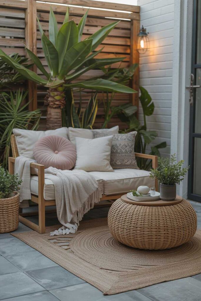 30+ Small Patio Ideas for a Cozy, Modern & Budget-Friendly Outdoor Transformation 2 Create a Cozy Seating Corner with Soft Textures and Warm Layers