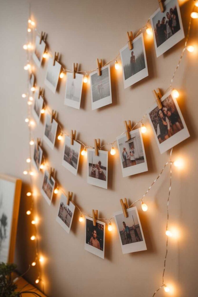 30+ Unique Birthday Decoration Ideas for a Stunning Celebration (Modern, Budget-Friendly & Totally Pinterest-Worthy) 5 DIY Photo Wall Using Fairy Lights and Polaroid-Style Prints
