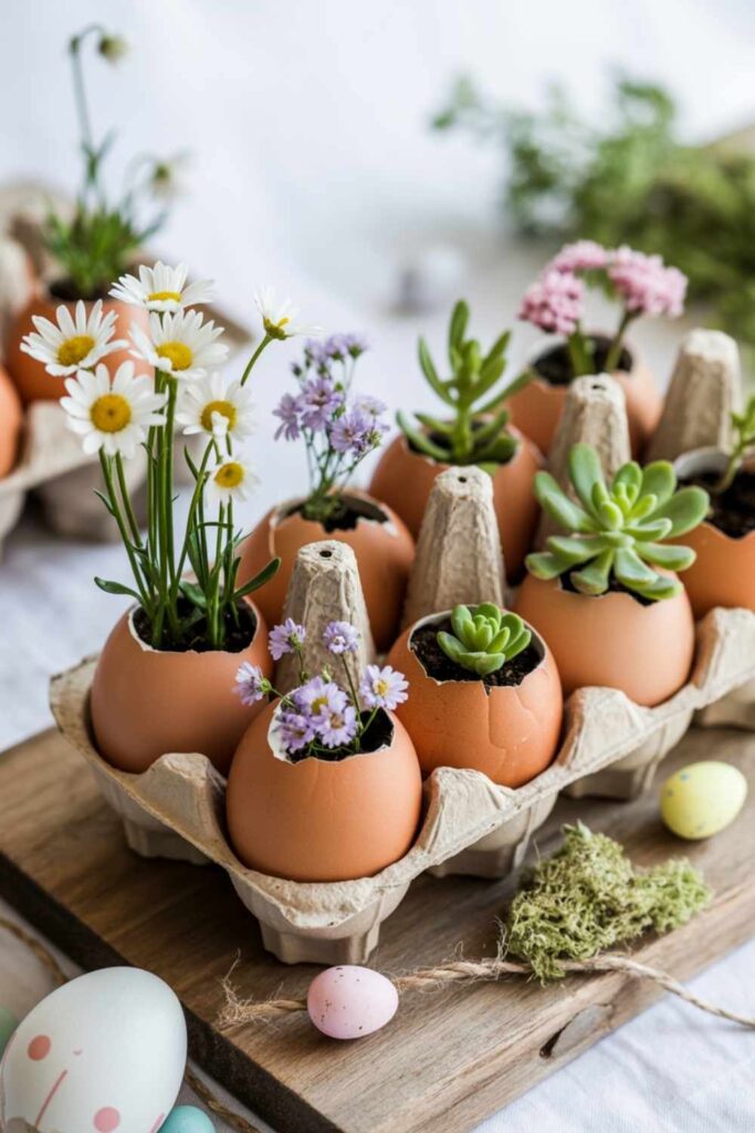 DIY Easter Centerpieces Dreamy, Pinterest-Worthy Ideas to Elevate Your Spring Table 4 Eggshell Planters with Flowers
