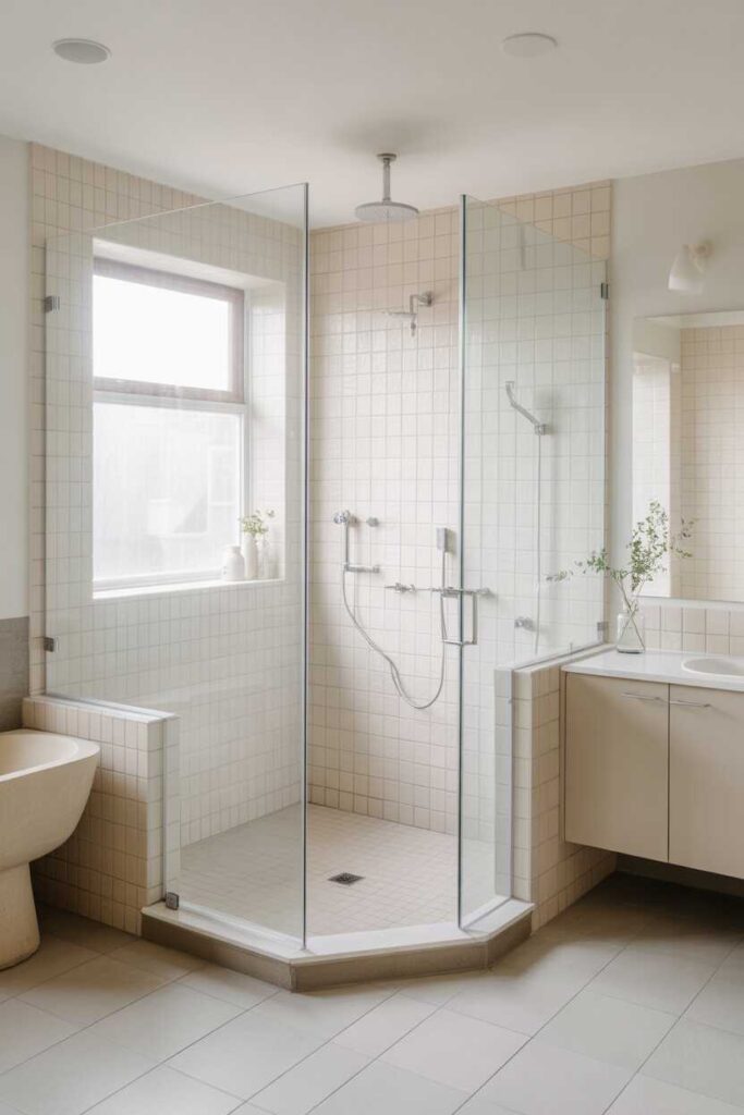 35+ Small Bathroom Ideas for a Stylish, Modern Makeover (Gorgeous, Budget-Friendly Inspiration) 3 Embrace Glass Shower Doors for a Seamless Look