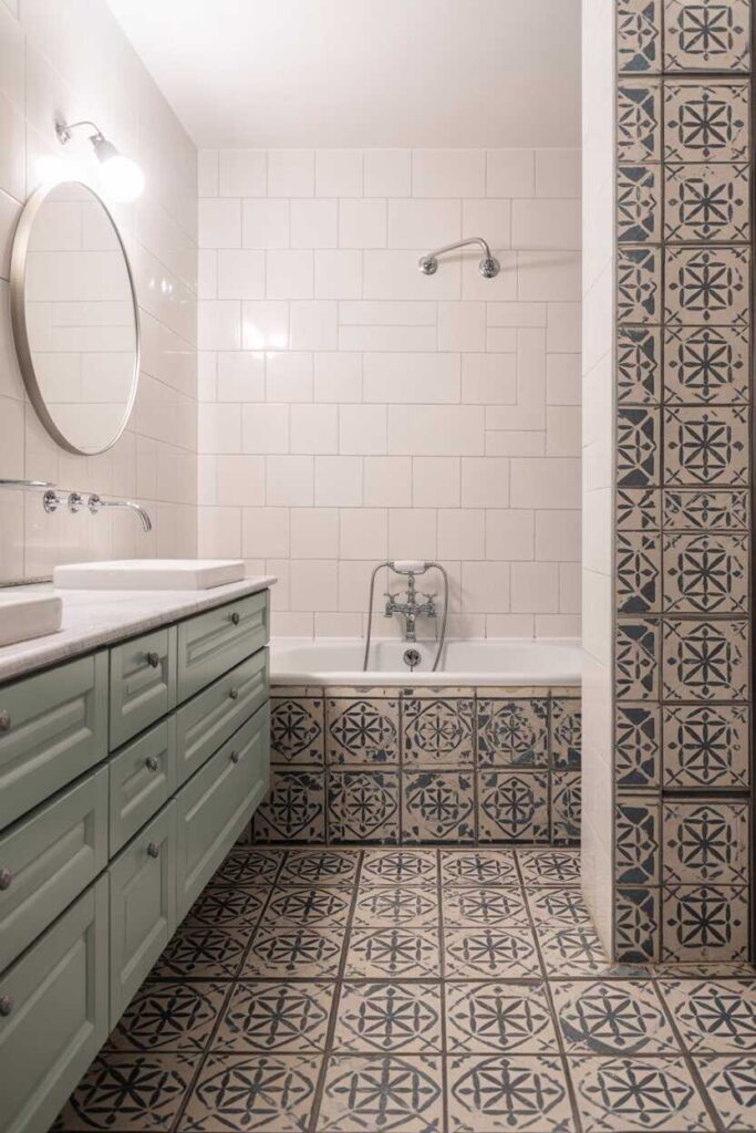 35+ Small Bathroom Ideas for a Stylish, Modern Makeover (Gorgeous, Budget-Friendly Inspiration) 4 Experiment With Patterned Tiles for Personality and Style