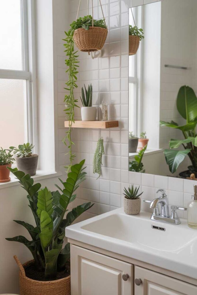 35+ Small Bathroom Ideas for a Stylish, Modern Makeover (Gorgeous, Budget-Friendly Inspiration) 6 Incorporate Live Plants for Freshness and Vibrancy