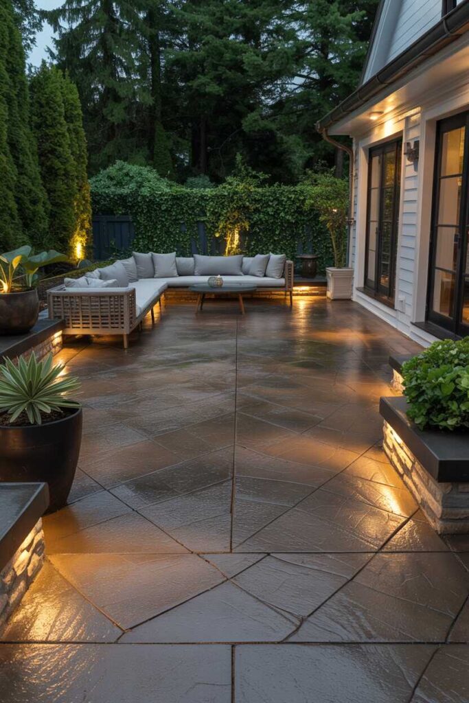 25+ Stamped Concrete Patio Ideas for a Modern, Budget-Friendly Outdoor Upgrade 6 Incorporate Outdoor Lighting to Maximize Evening Ambiance
