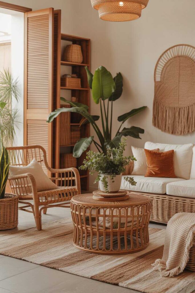 27 Boho Living Room Ideas Creative, Budget-Friendly Inspiration for a Modern Cozy Home 3 Incorporate Rattan and Woven Furniture