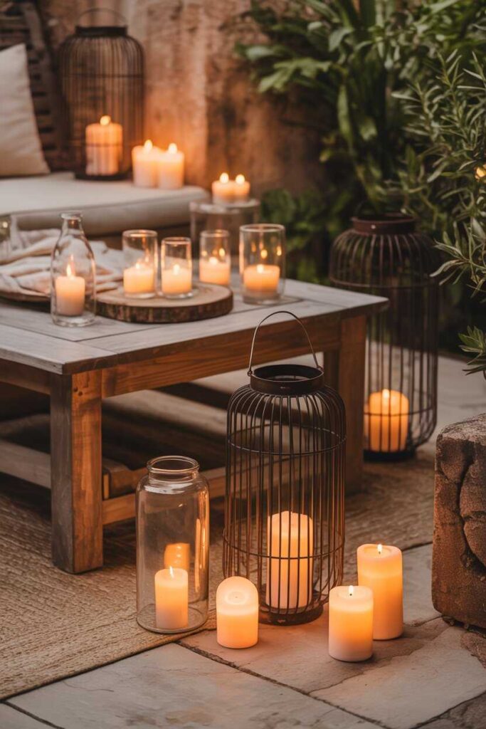 35+ Back Patio Ideas for a Cozy, Stylish, and Budget-Friendly Outdoor Makeover 3 Lanterns and Candles for Cozy, Soft Lighting