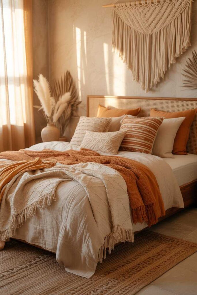 25+ Unique & Budget-Friendly Boho Bedroom Ideas to Transform Your Space (Aesthetic Inspiration for Cozy, Modern Homes) 3 Layering Textures The Secret to a Dreamy Boho Aesthetic