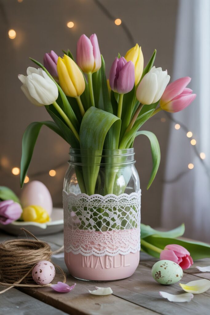 DIY Easter Centerpieces Dreamy, Pinterest-Worthy Ideas to Elevate Your Spring Table 3 Mason Jar Tulip & Lace Centerpiece