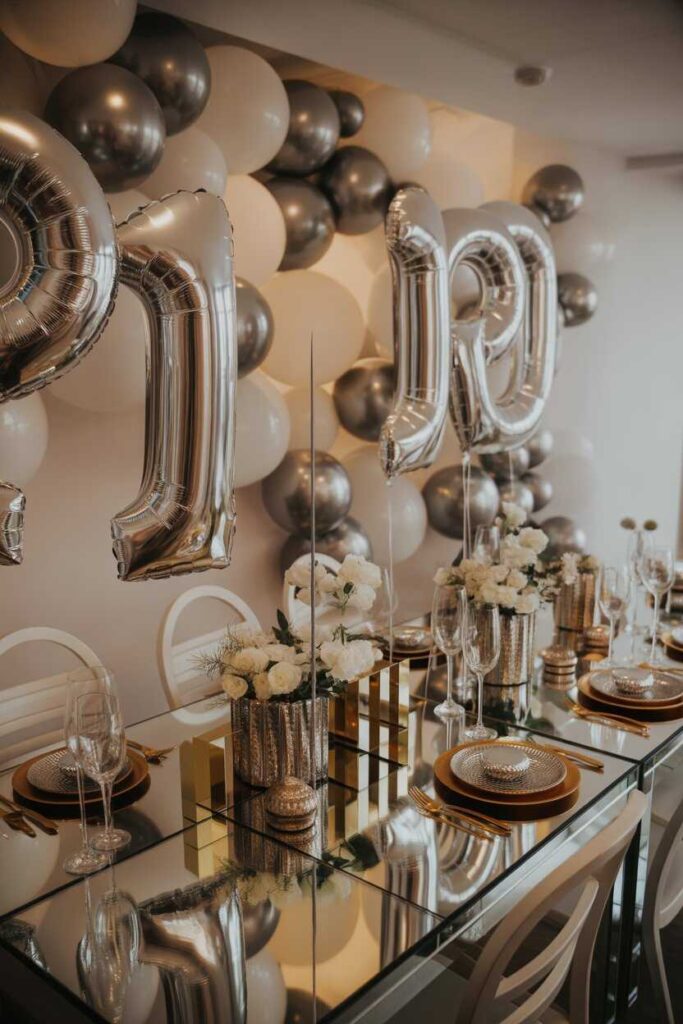 30+ Unique Birthday Decoration Ideas for a Stunning Celebration (Modern, Budget-Friendly & Totally Pinterest-Worthy) 6 Modern Glam Birthday Decor With Mirrors & Metallics