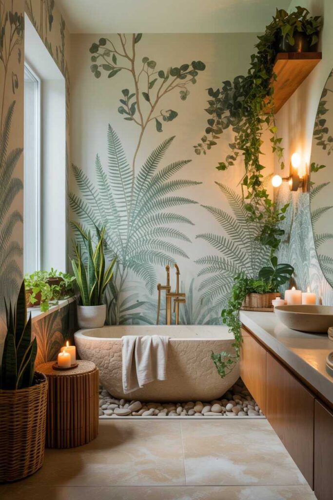 Modern & Budget-Friendly Wallpaper Bathroom Ideas Stunning Inspiration for a Stylish Upgrade 3 Nature-Inspired Wallpaper for a Spa-Like Retreat