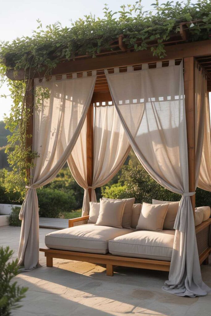 30+ Stunning & Budget-Friendly Outdoor Pergola Ideas to Transform Your Backyard (Modern Inspiration You’ll Love) 4 Outdoor Pergola Ideas With Curtains for Added Privacy and Softness