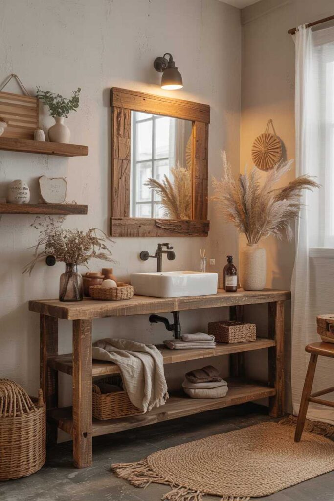 30+ Bathroom Wall Decor Ideas to Transform Your Space Modern, Budget-Friendly & Unique Inspiration 6 Rustic Wood Decor for Warmth and Character