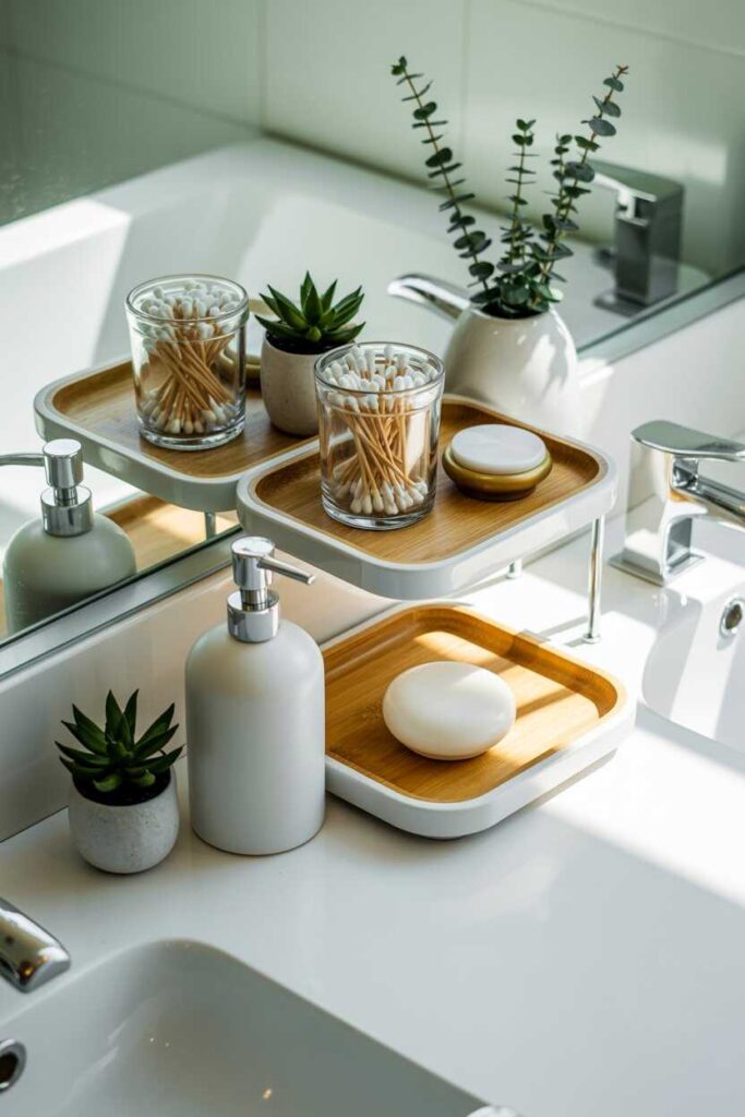29 Genius Small Bathroom Storage Ideas Modern, Budget-Friendly Inspiration to Maximize Every Inch 7 Tiered Trays and Countertop Storage for Aesthetic Styling