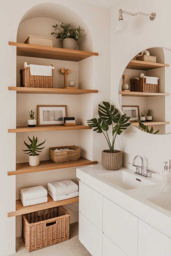 35+ Small Bathroom Ideas for a Stylish, Modern Makeover (Gorgeous, Budget-Friendly Inspiration) 7 Try Open Shelving for a Relaxed, Stylish Look