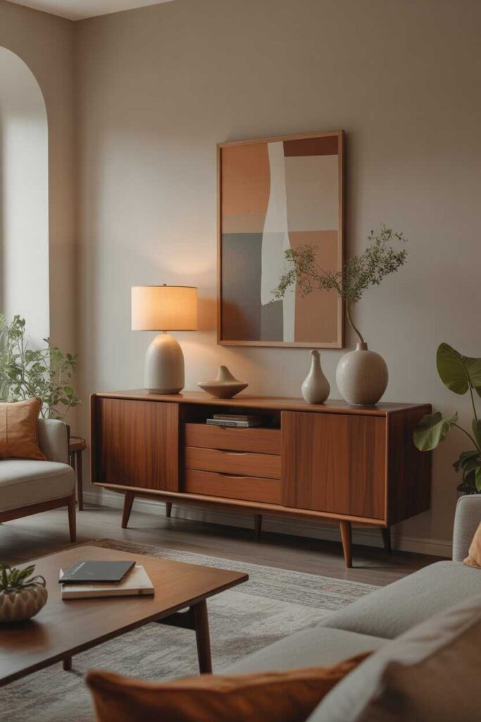 31 Mid Century Modern Living Room Ideas Stylish, Cozy, and Budget-Friendly Inspiration for a Retro-Modern Home 5 Use a Wooden Sideboard as a Statement Piece