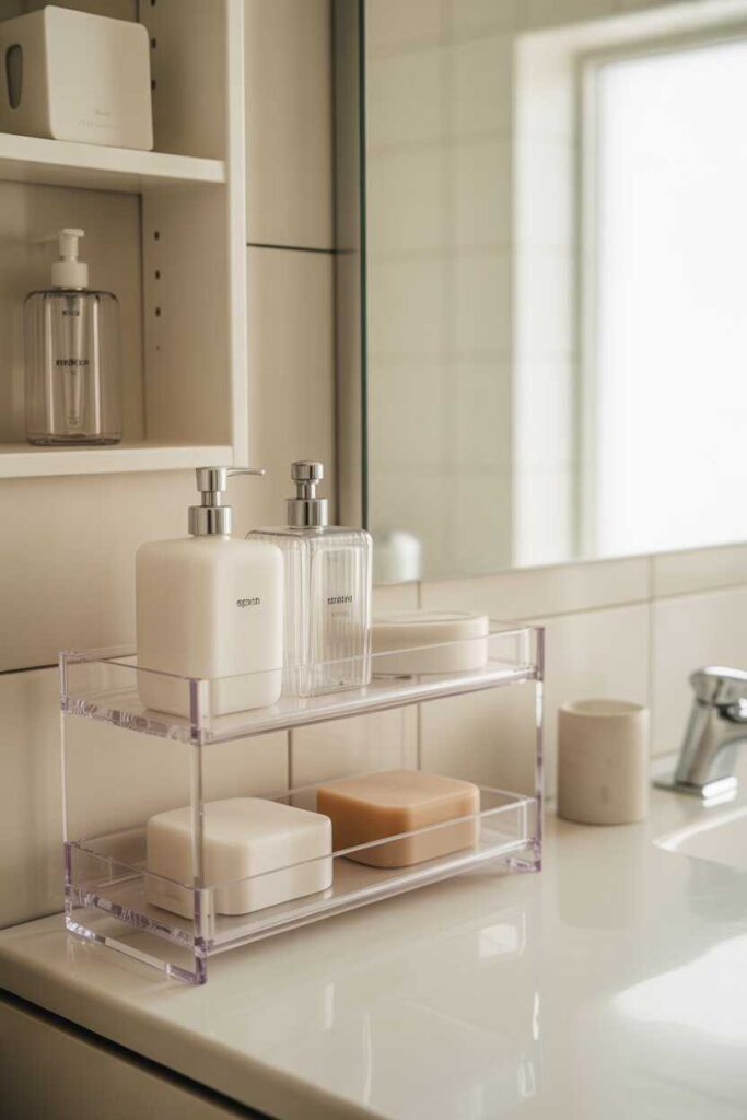 35+ Small Bathroom Ideas for a Stylish, Modern Makeover (Gorgeous, Budget-Friendly Inspiration) 5 Use Clear or Acrylic Accessories for a Minimalist Look