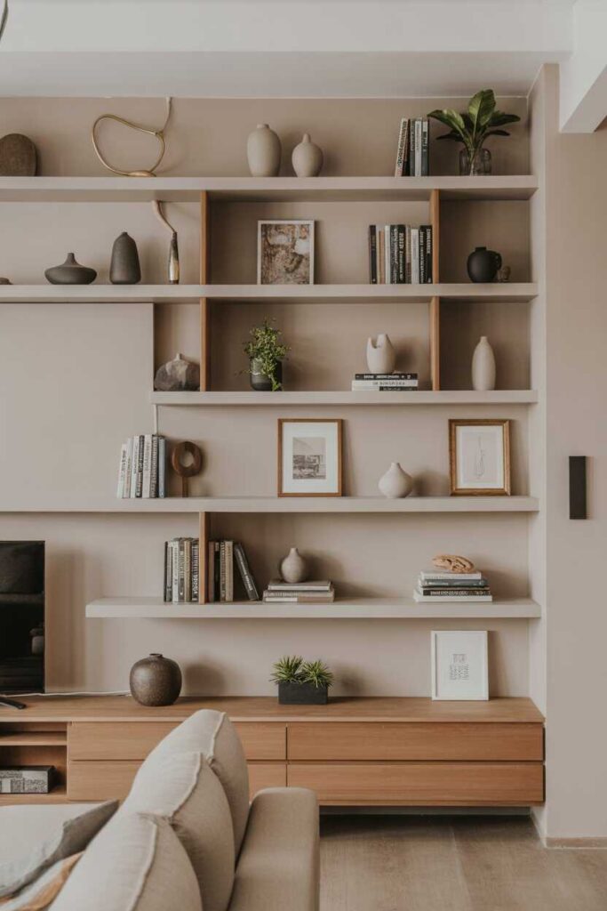 26Aesthetic Living Room Ideas Modern, Budget-Friendly Inspiration for a Stylish and Cozy Home 4 Use Floating Shelves for Clean, Stylish Storage