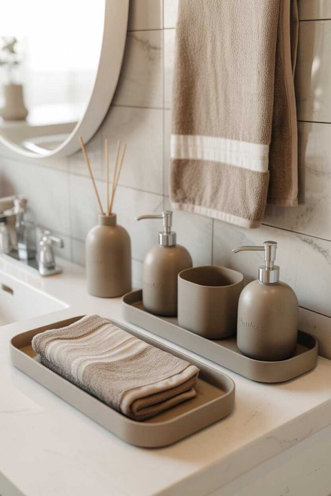 35+ Small Bathroom Ideas for a Stylish, Modern Makeover (Gorgeous, Budget-Friendly Inspiration) 8 Use Matching Accessories for a Cohesive Look