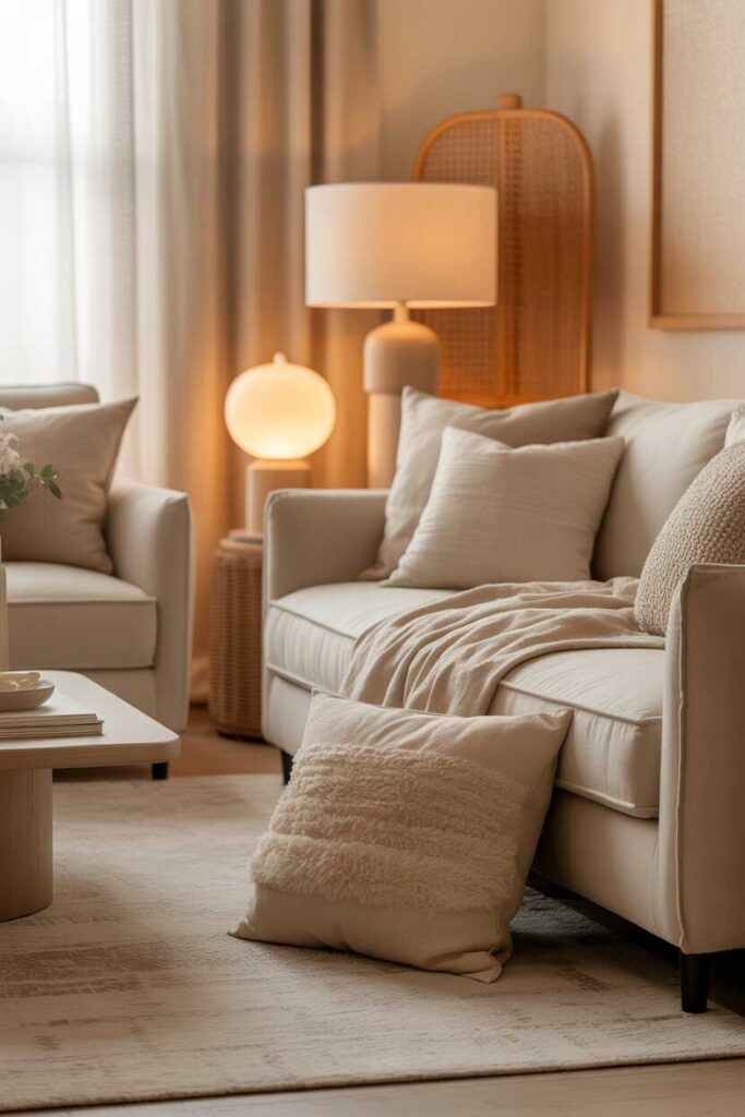 31 Neutral Living Room Ideas Modern, Cozy, and Budget-Friendly Inspiration for a Calm & Stylish Home 3 Use Warm Lighting to Enhance the Neutral Colors