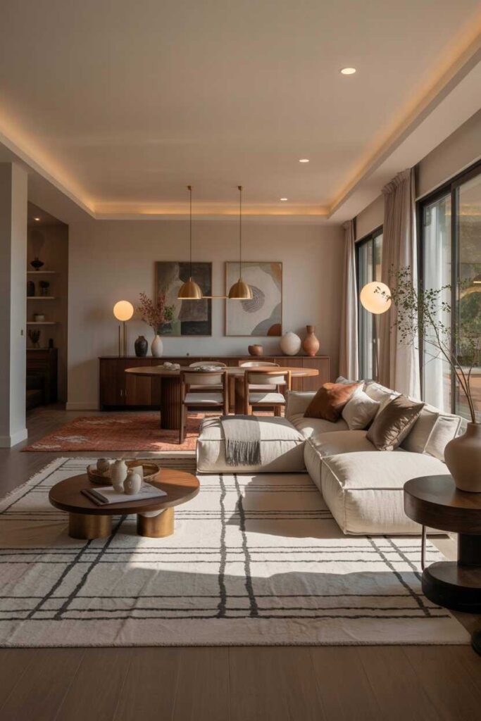 Modern & Budget-Friendly Ideas to Style an Open Layout Living Room Dining Room (Beautiful Inspiration You’ll Love) 6 Using Rugs, Lighting, and Decor to Tie Both Spaces Together