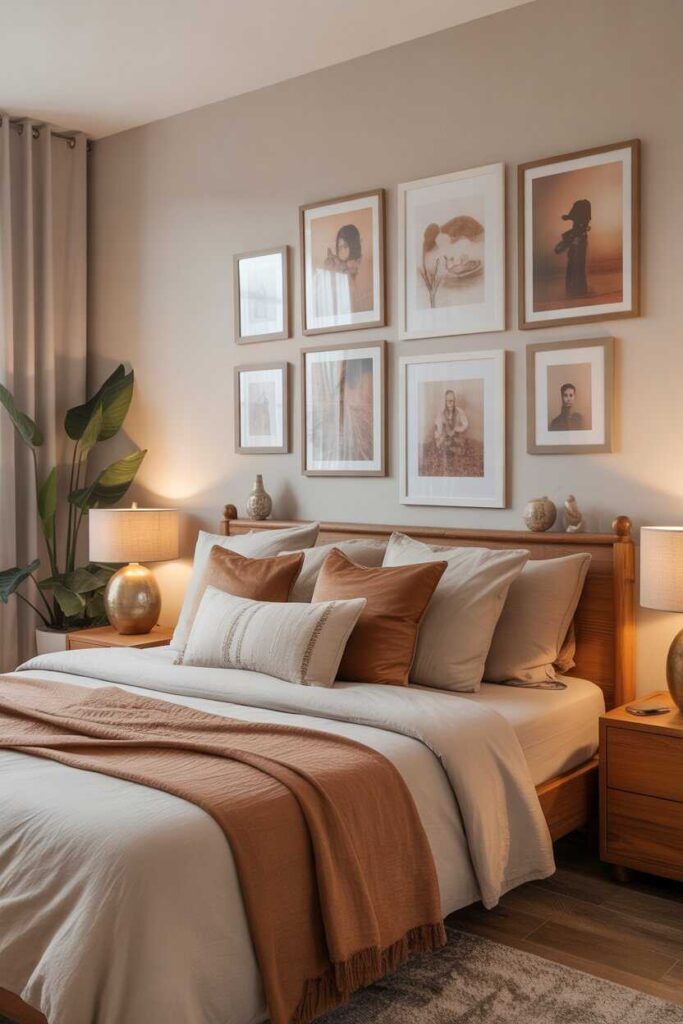 25+ Cozy Bedroom Ideas Aesthetic You’ll Love Unique, Modern & Budget-Friendly Inspiration 4 Warm-Toned Gallery Walls