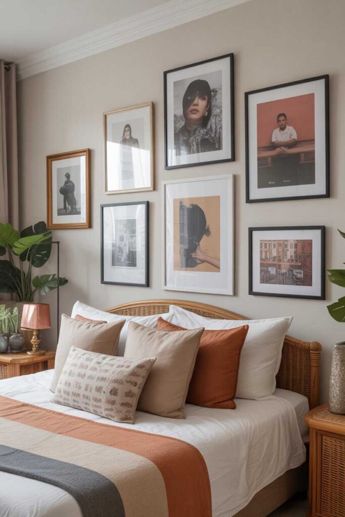 30+ Unique Apartment Bedroom Decor Ideas for a Cozy, Modern, and Aesthetic Space (Inspiration You’ll Love!) 4 Add Personality with Wall Art and Gallery Layouts