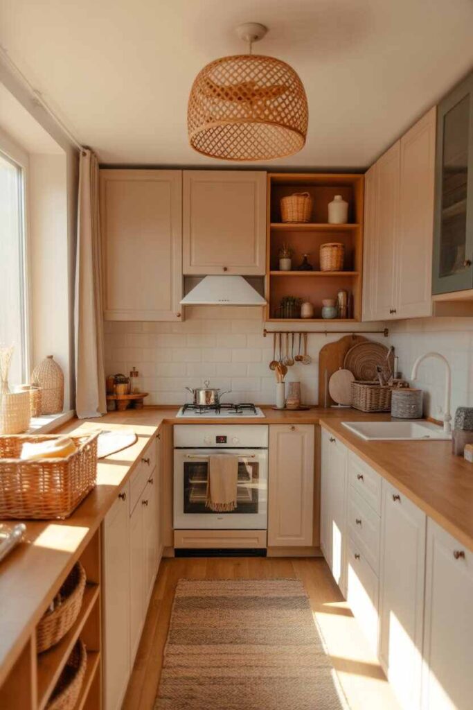 40+ Modern & Budget-Friendly Apartment Kitchen Aesthetic Ideas for a Stylish, Pinterest-Worthy Space 4 Add Texture Through Natural Materials for Warmth and Character