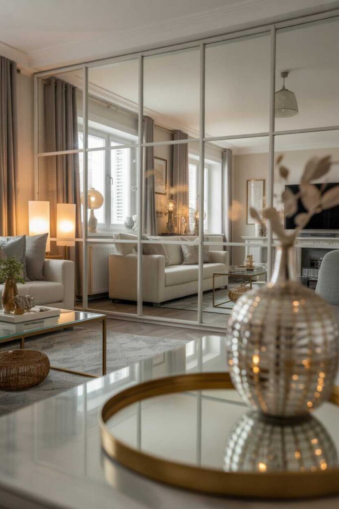 30+ Unique Apartment Bedroom Decor Ideas for a Cozy, Modern, and Aesthetic Space (Inspiration You’ll Love!) 10 Add Visual Depth with Mirrors and Reflective Decor