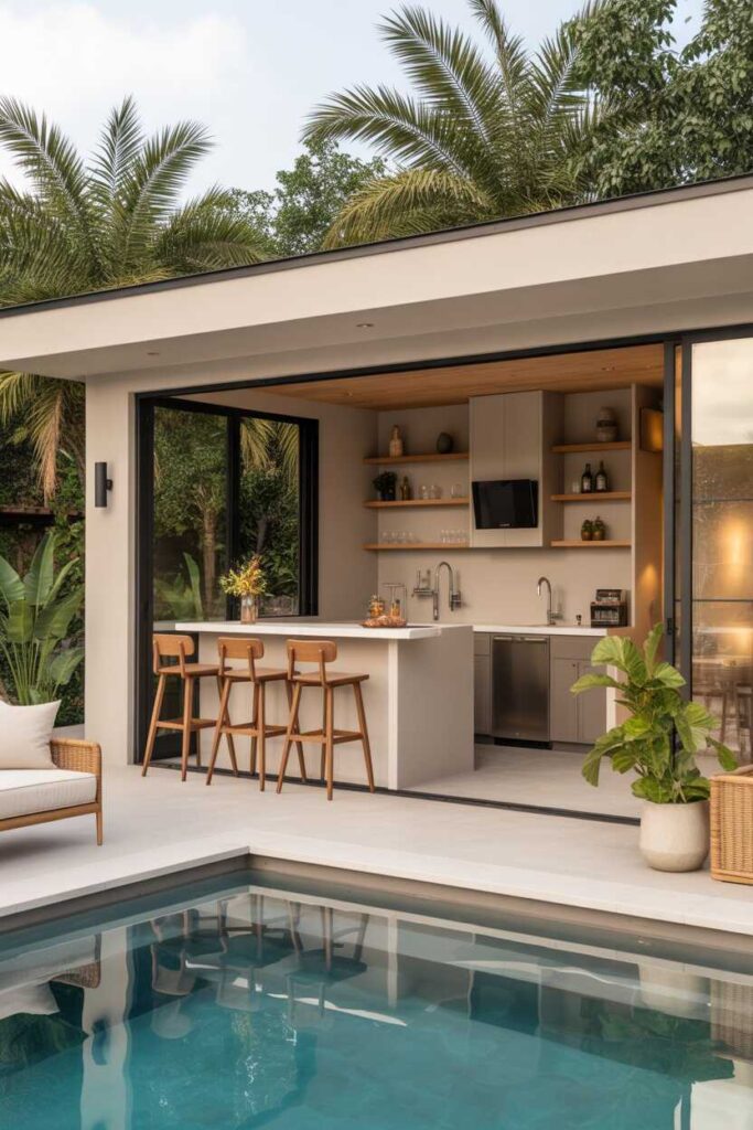 27 Stunning Pool House Ideas for a Modern, Relaxing, and Pinterest-Worthy Backyard Oasis 3 Adding a Bar or Mini Kitchen for the Ultimate Entertainment Space