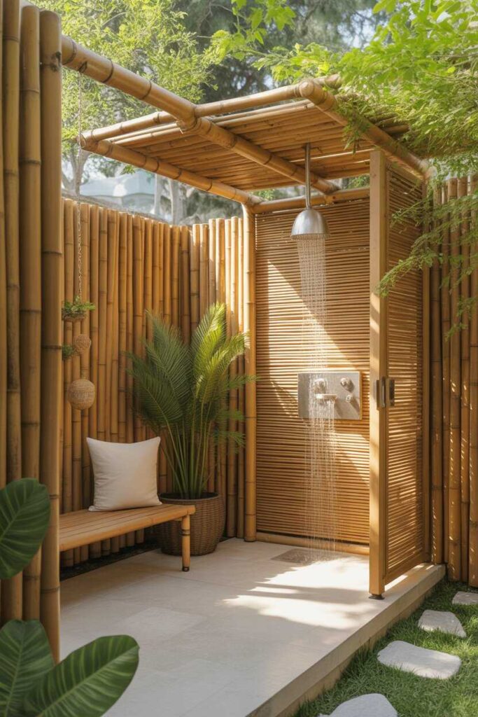 35+ Outdoor Shower Ideas to Transform Your Backyard (Modern, Budget-Friendly & Aesthetic Inspiration) 6 Bamboo Walls or Screens for Privacy