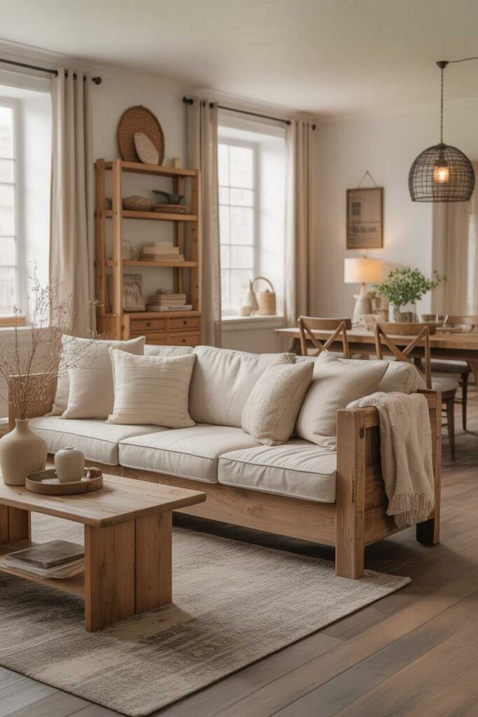 25+ Modern & Functional Open Layout Living Room Dining Room Ideas for a Stylish, Connected Home 11 Blend Rustic Wood with Soft Fabrics for Farmhouse Charm