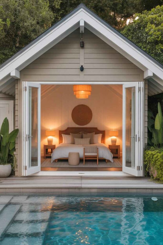 27 Stunning Pool House Ideas for a Modern, Relaxing, and Pinterest-Worthy Backyard Oasis 10 Building a Pool House With a Guest Bedroom for Overnight Stays