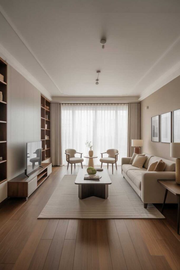 45+ Modern & Creative Long Living Room Ideas for a Stylish, Functional, and Cozy Space 5 Choose Furniture That Fits the Proportions of the Room