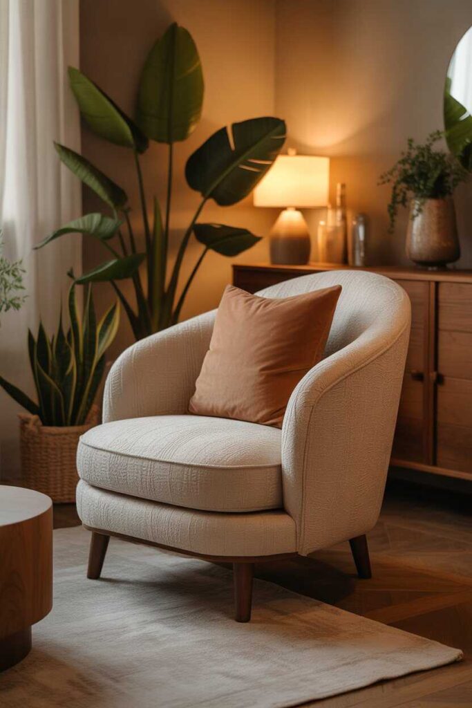 20+ Warm Earthy Living Room Ideas to Create a Cozy, Modern & Nature-Inspired Space 7 Choosing Armchairs With Soft Curves and Warm Textures