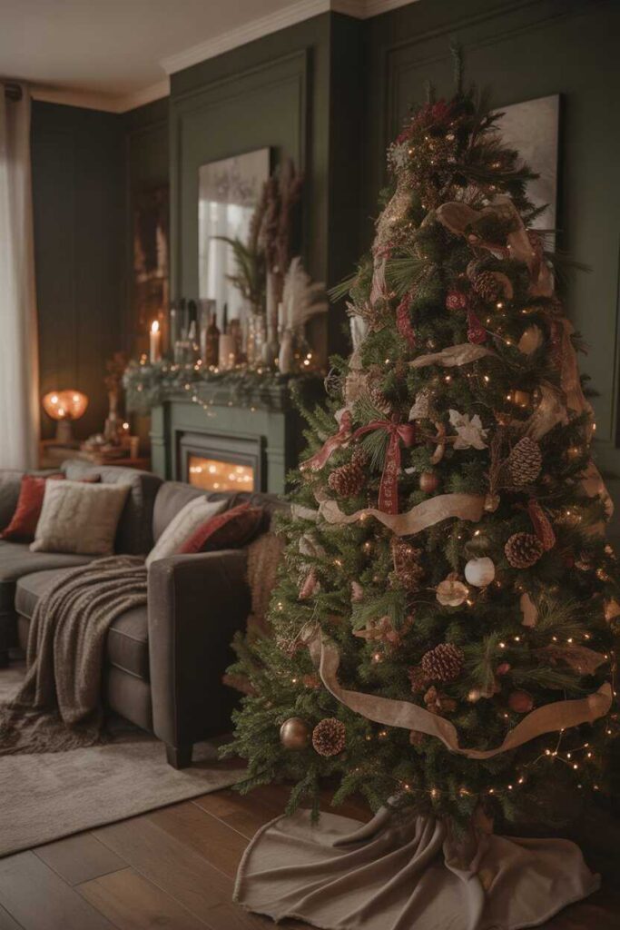 Moody Dark Cottagecore Christmas Living Room Ideas Cozy, Budget-Friendly & Enchantingly Festive Inspiration 5 Christmas Tree Styling for Moody Dark Cottagecore Living Rooms