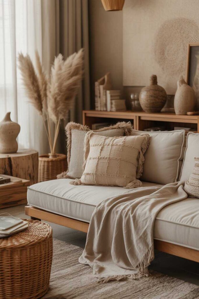 20+ Warm Earthy Living Room Ideas to Create a Cozy, Modern & Nature-Inspired Space 10 Combining Soft Fabrics With Rough Natural Elements